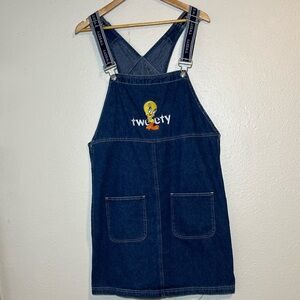 Vintage Warner Bros Embroidered Tweety Denim Overall Jumper Dress Women’s Size L